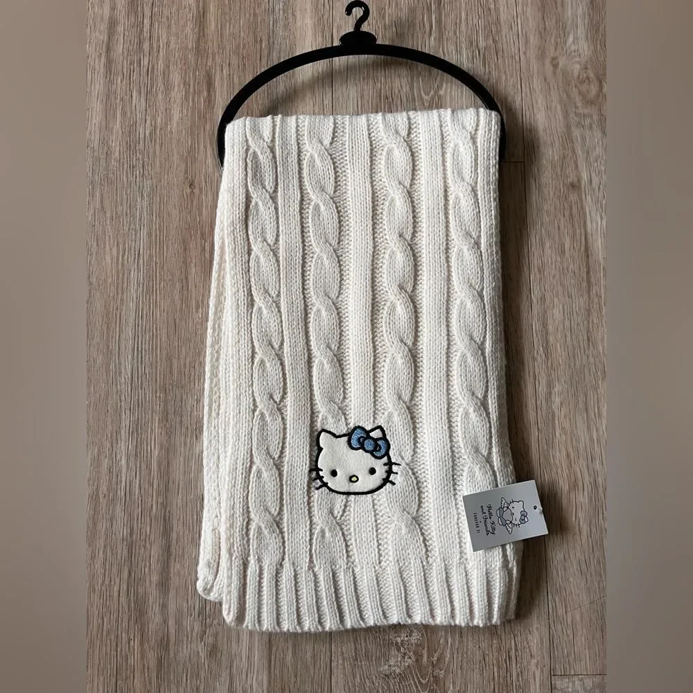 Sanrio Women's Hello Kitty Scarf Winter Cable Knit Embroidered Graphic Off White